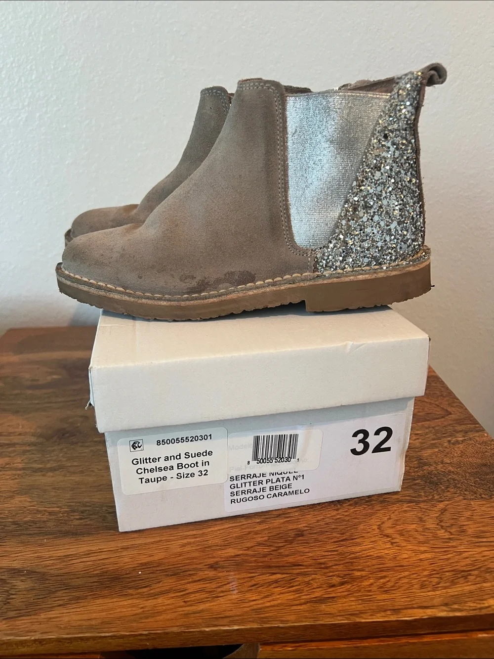 Taupe Suede Kids Chelsea Boots with Silver Glitter Heel